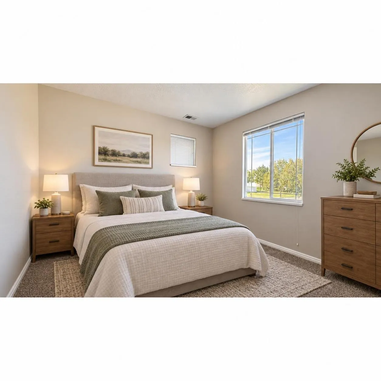 Bedroom 3 featuring carpeted flooring, a horizontal sliding window, and a light-filled interior