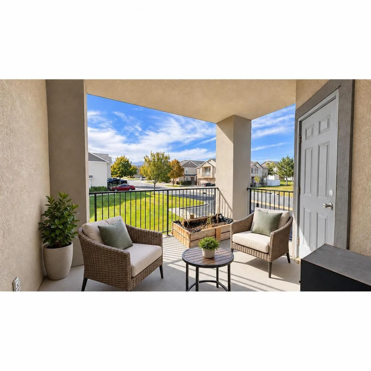 Covered balcony featuring concrete flooring, stucco walls, and a black metal railing