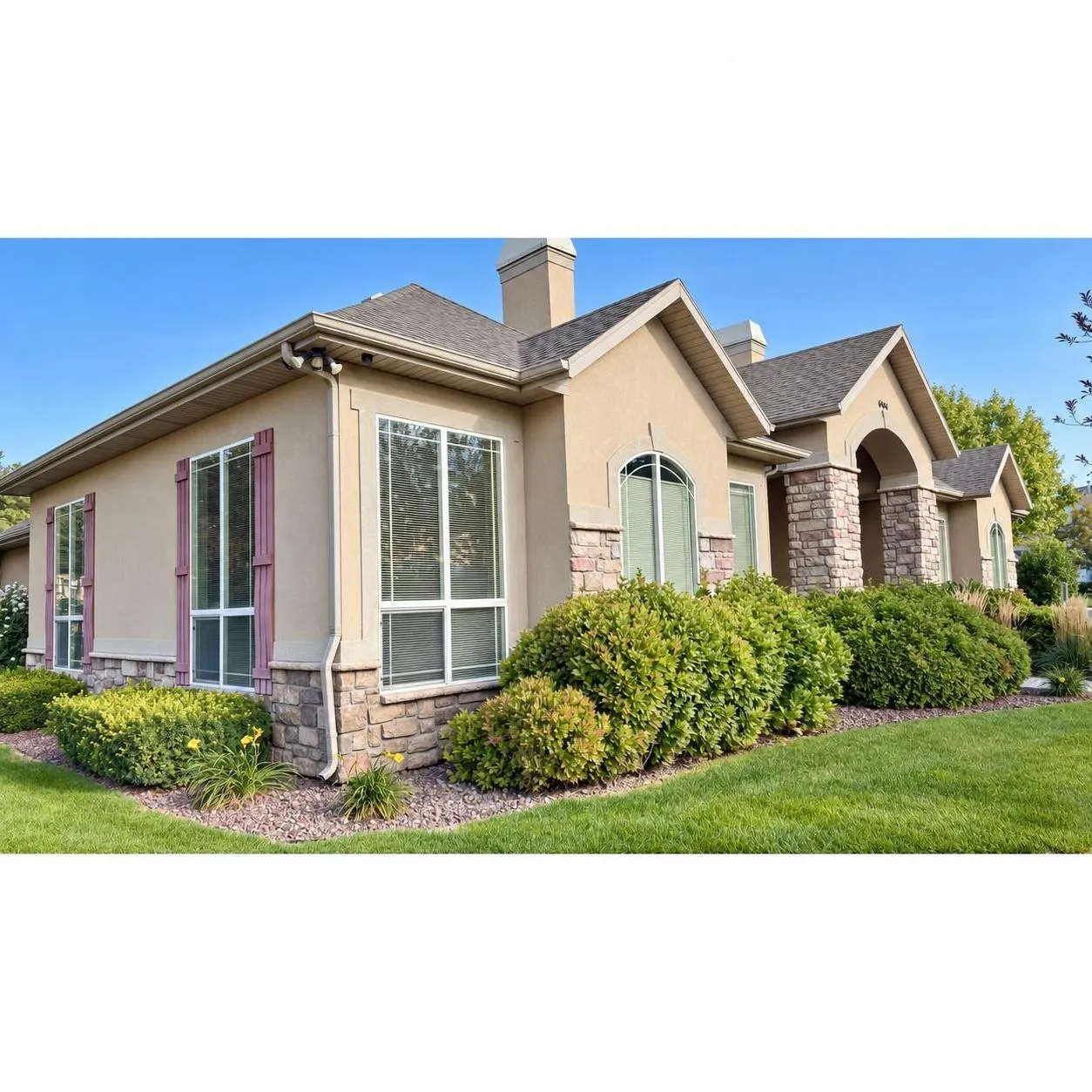 Stucco exterior with stone accents, multiple large windows, a pitched roof, and mature landscaping