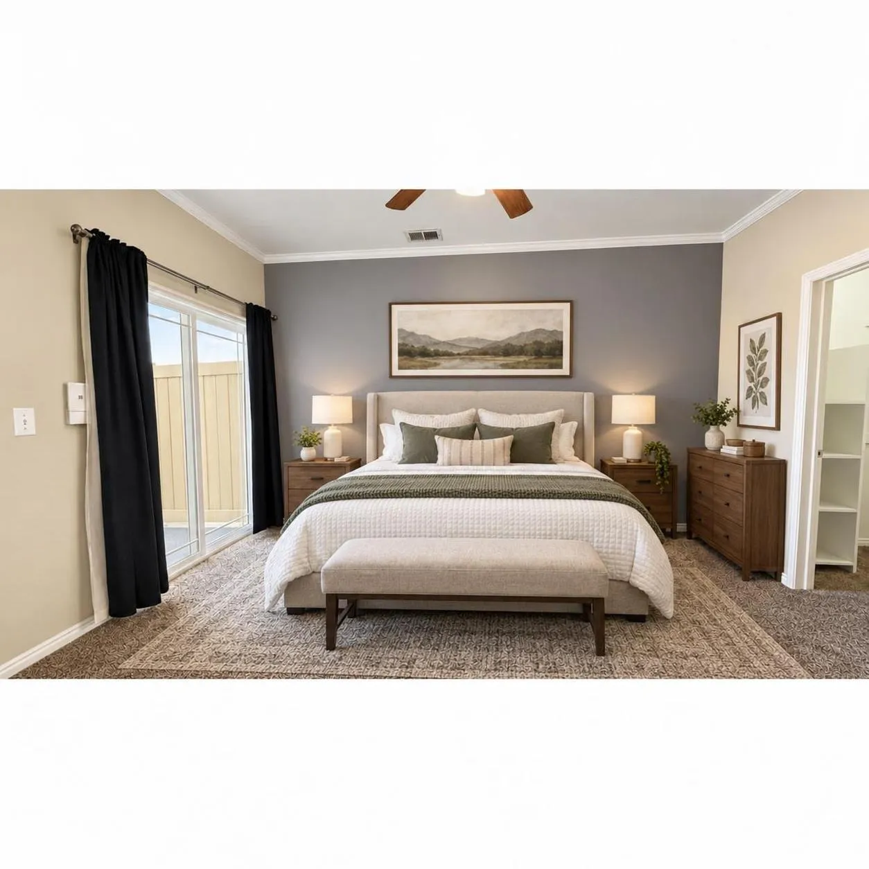 Sliding glass door, neutral-toned carpeting, ceiling fan, and crown molding