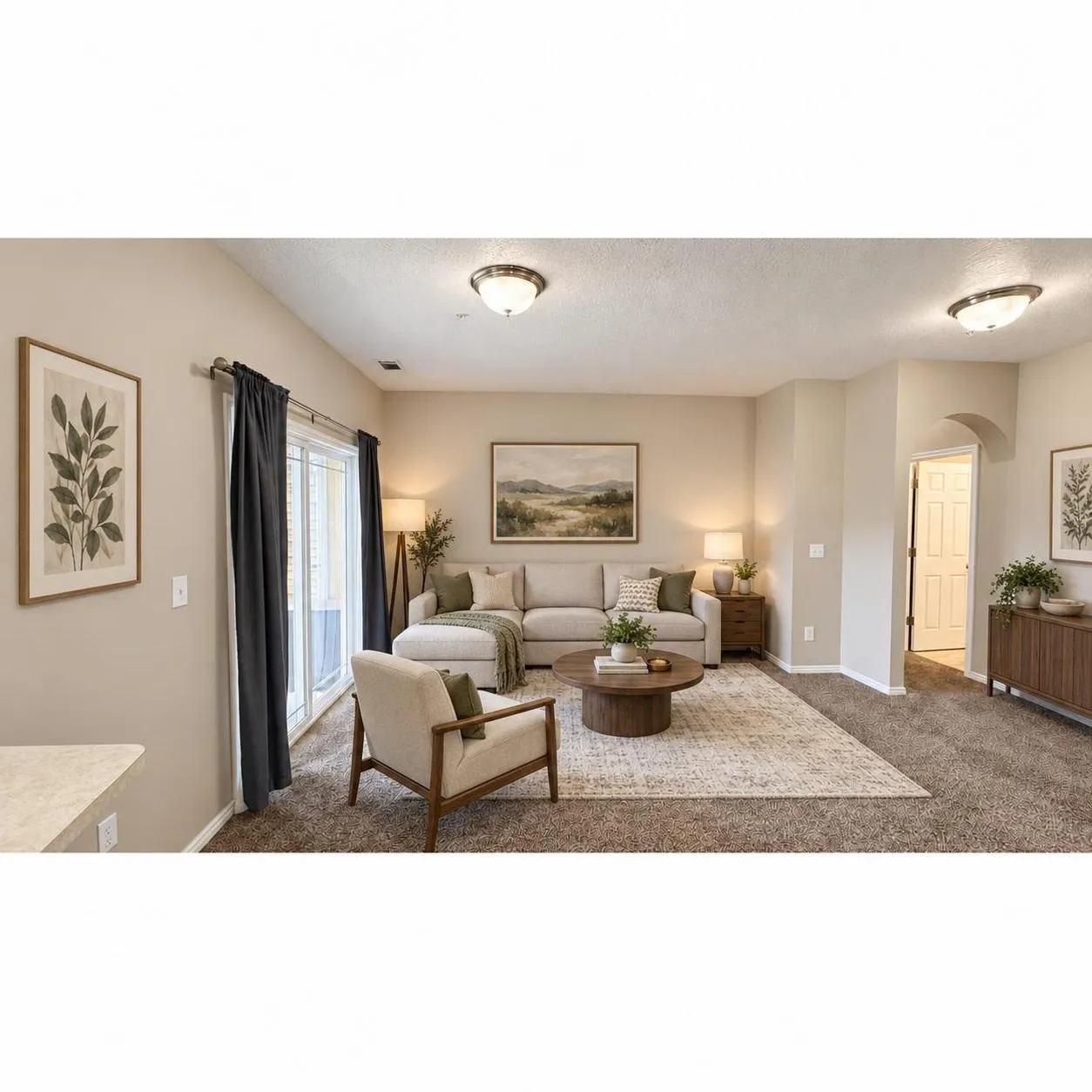 Living area featuring wall-to-wall carpeting, sliding glass doors, arched architectural entry, and dual flush-mount ceiling light fixtures