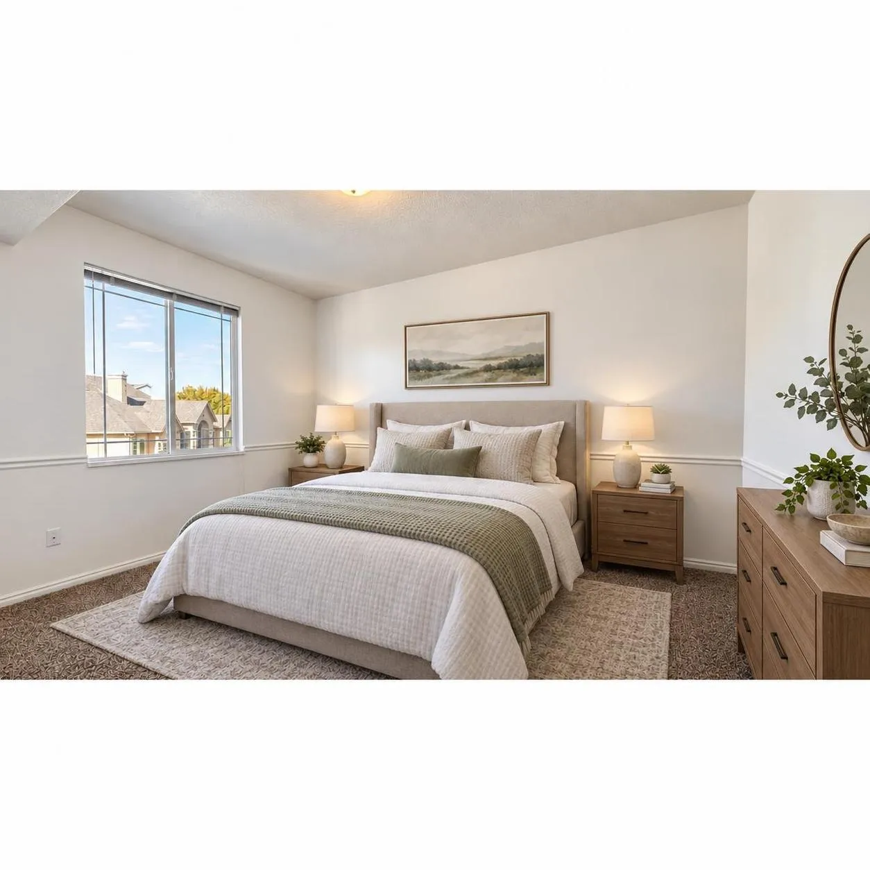 Bedroom 2 with white walls, a large window, and decorative trim