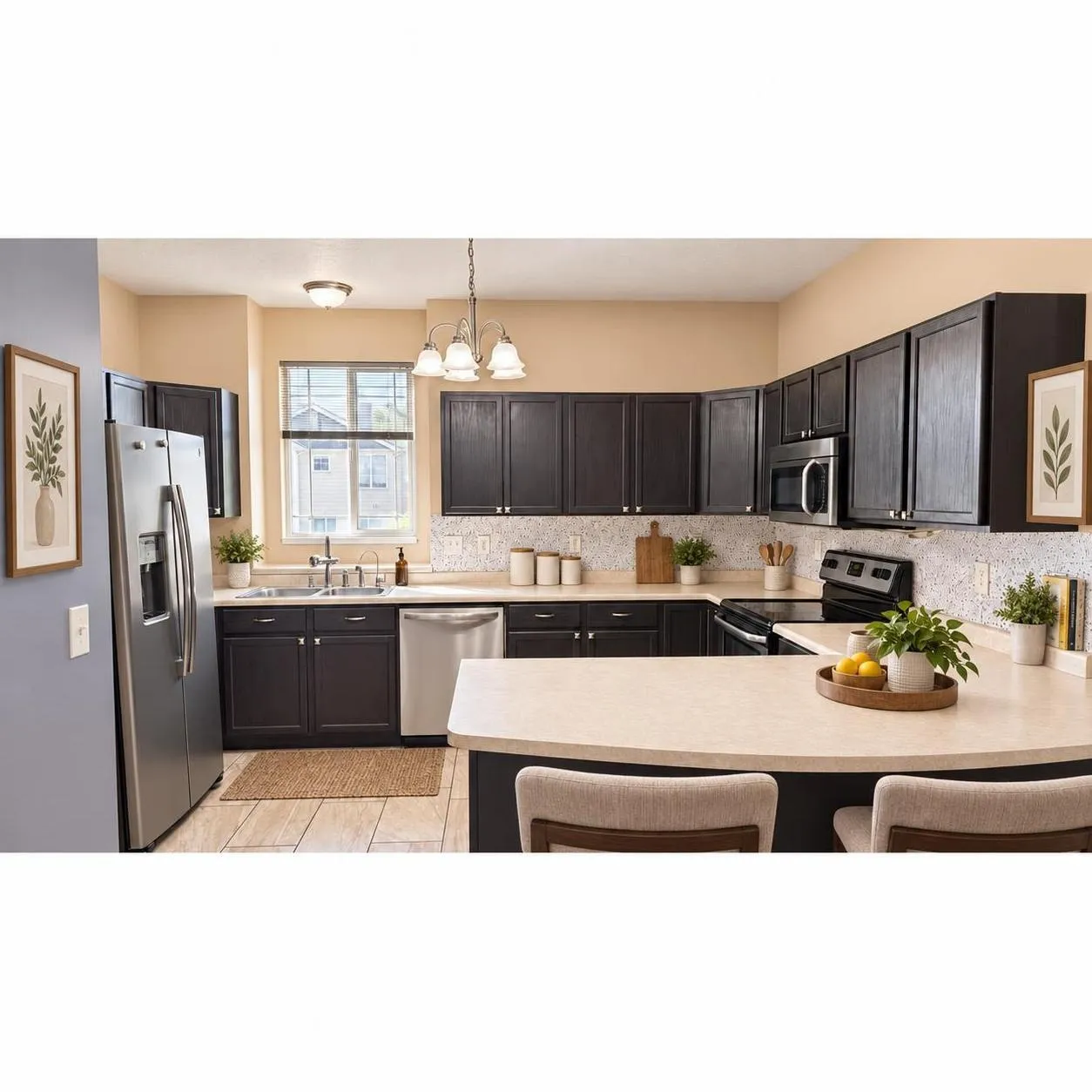 Kitchen featuring dark wood cabinetry, stainless steel appliances, neutral solid-surface countertops, tile backsplash, and ceramic tile flooring