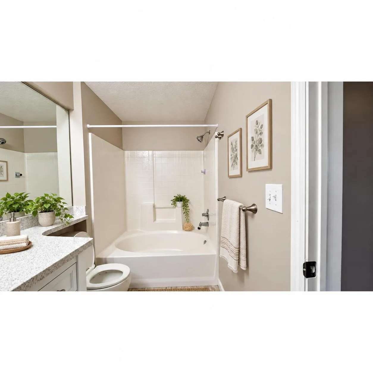 Bathroom featuring a composite countertop with an integrated vanity, a soaking tub with a wall-mounted shower head, and a large wall-mounted mirror