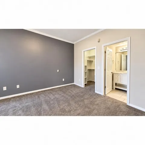 Primary Bedroom: Wall-to-wall carpet, accent wall, crown molding, built-in closet shelving, and a vanity with an integrated sink