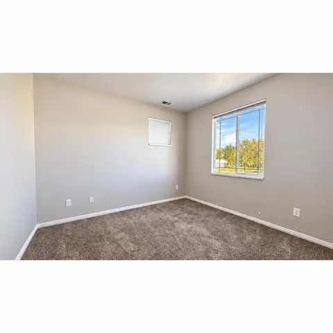 Bedroom 3: Neutral wall paint, plush carpet flooring, white trim, and two windows