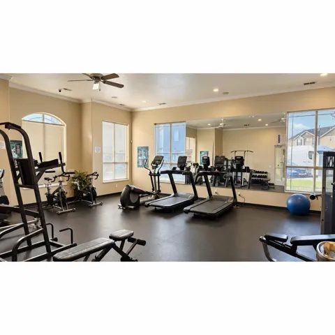 Dedicated fitness area with rubber flooring, large windows, and a full-wall mirror