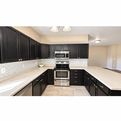 U-shaped kitchen featuring black cabinetry, light countertops, a mosaic tile backsplash, and stainless steel appliances