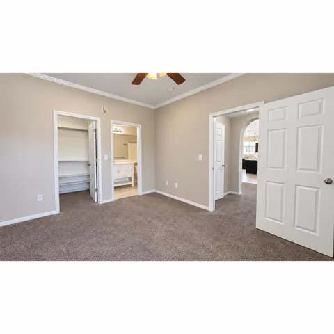 Primary Bedroom: Plush carpeted flooring, a ceiling fan with wood-finish blades, and crown molding