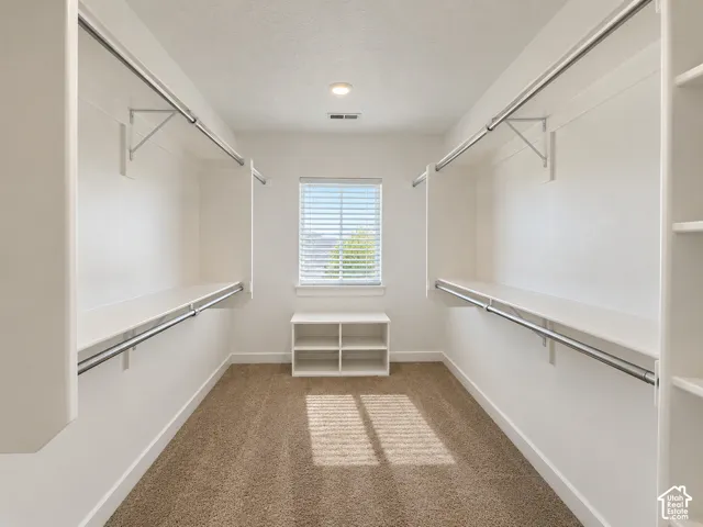 Built-in shelving, hanging rods, recessed lighting, carpet flooring, and a window with blinds