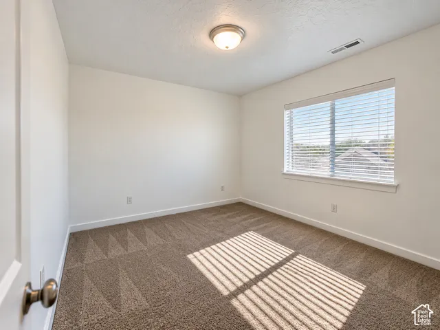 Neutral wall color, wall-to-wall carpeting, window with horizontal blinds, flush mount ceiling light fixture, and white trim