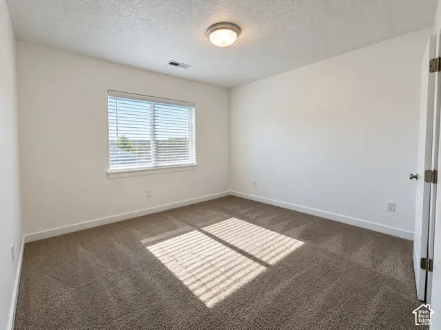 Neutral wall paint, carpet flooring, a window with blinds, and an overhead light fixture