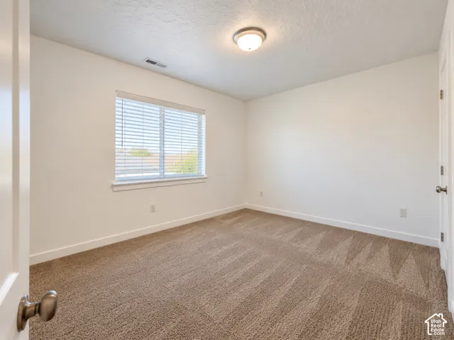 Neutral tone carpeting, white walls, and a window with horizontal blinds