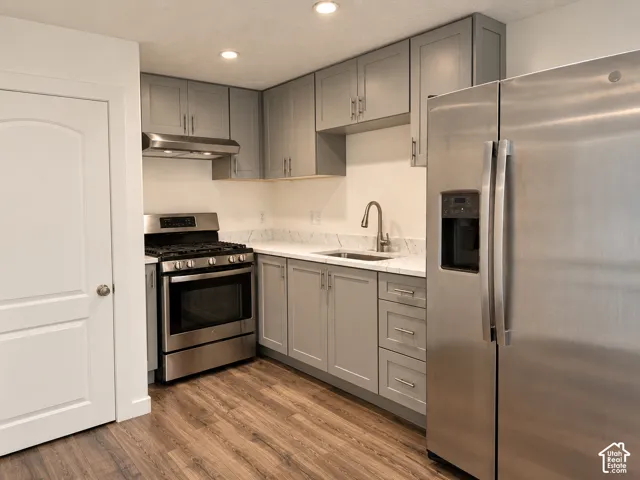Stainless steel appliances, wood-finish flooring, light gray cabinetry, white countertops, and recessed lighting