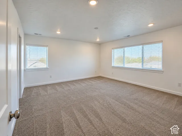 Recessed lighting, neutral paint, two windows with blinds, and light brown patterned carpeting