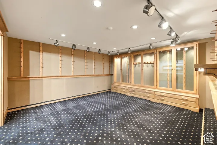 Integrated wood cabinetry with glass-front doors, recessed lighting, track lighting, and patterned carpeting