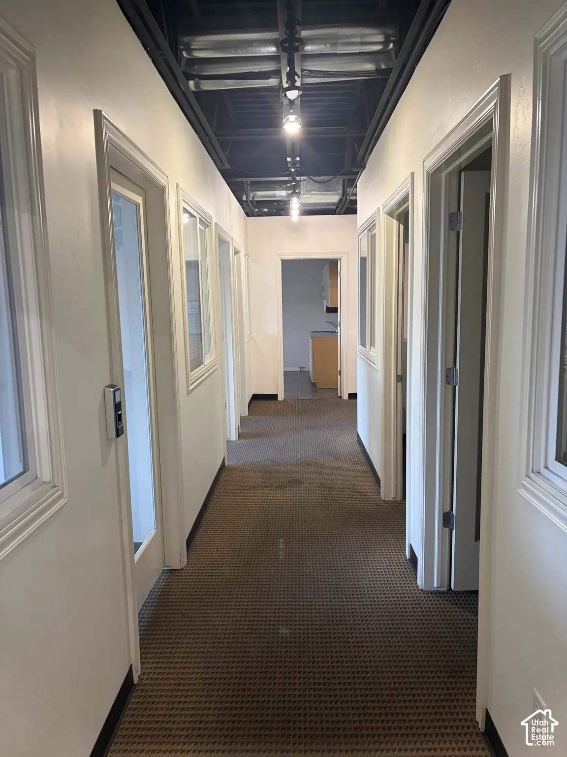 Bright hallway with multiple white-framed doors, recessed ceiling lighting, and neutral carpet flooring throughout