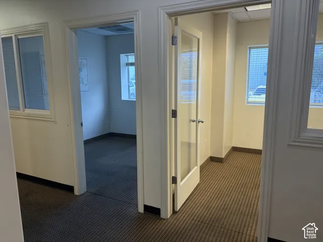 Two distinct rooms with textured carpet flooring, white walls, and white window blinds