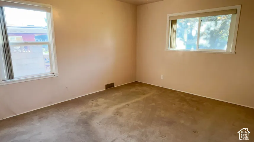 Two windows with white trim, light-toned wall finish, and carpeted flooring