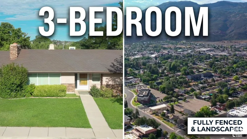 Real Estate Marketing Graphic. Presenting a property identified as three-bedroom with exterior features, alongside an aerial view of the surrounding area