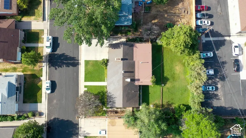 Property featuring a paved street, established trees, and a grassy lawn