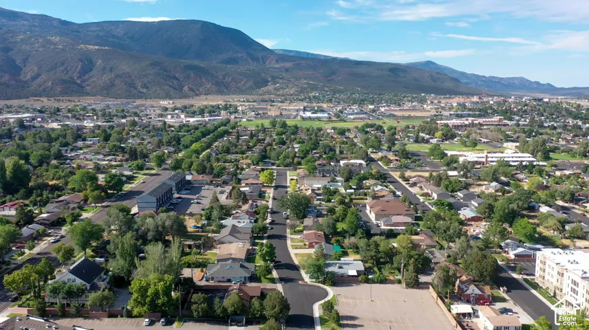 Expansive neighborhood with mature trees, established residential properties, and paved streets, set against a mountainous backdrop