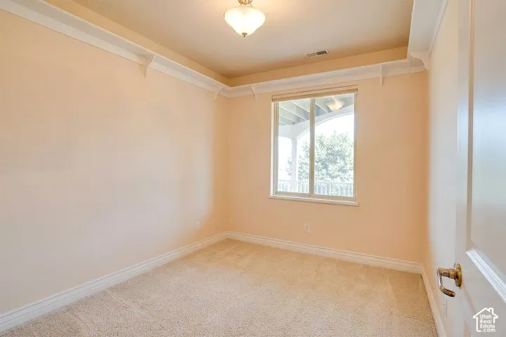 Wall-to-wall carpeting, single window with white trim, white baseboards, and white crown molding
