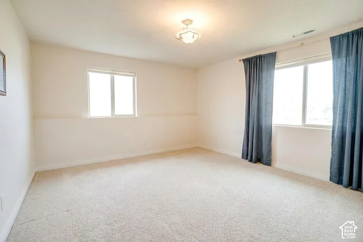 Carpeted room featuring two windows with natural light, a flush-mount ceiling light fixture, and neutral wall tones