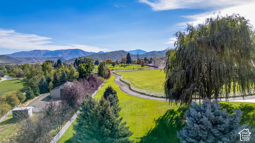 Expansive green acreage with a curved asphalt driveway, bordered by mature trees and a white picket fence, featuring a distant mountain backdrop
