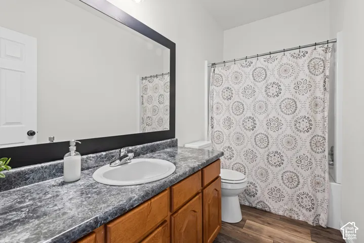 Wood-finish flooring with a vanity featuring a white oval sink and chrome faucet