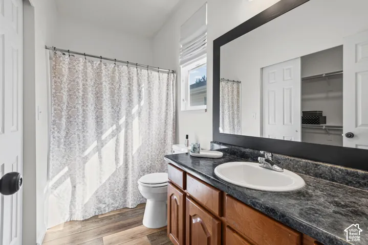 Wood-finish flooring, single vanity with an integrated sink, full-width mirror, and a toilet