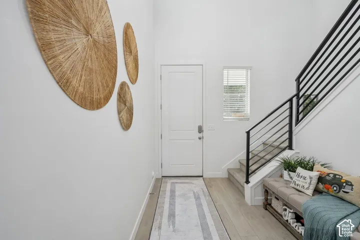 Entryway featuring a white paneled door, wood-finish flooring, and a contemporary black metal railing
