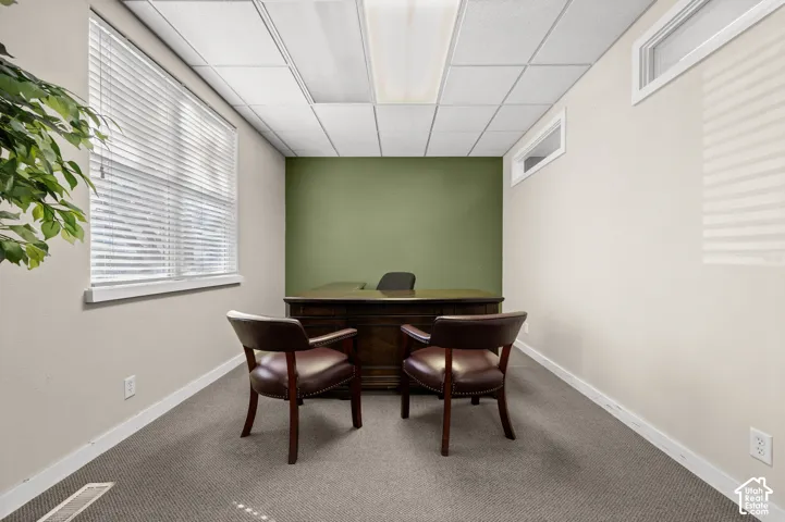Recessed drop ceiling with integrated lighting, window with blinds, additional high window, and carpeted flooring