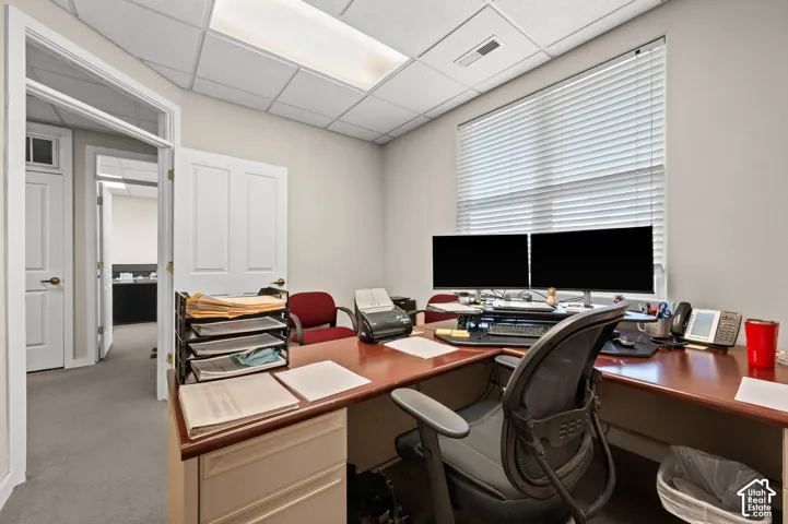 Dedicated office space featuring a large window with horizontal blinds, neutral-toned carpeting, and a drop ceiling with recessed lighting
