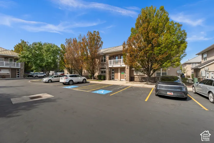 Paved parking lot with designated accessible parking spaces