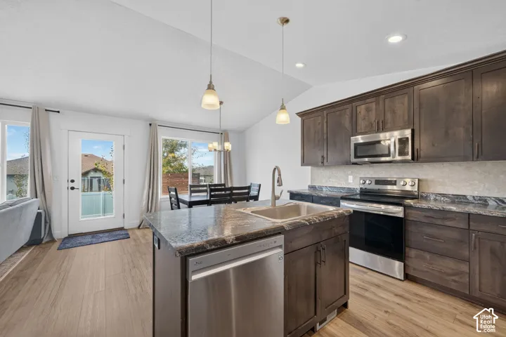 Vaulted ceiling with recessed lighting, wood-finish flooring, dark wood cabinetry, stainless steel appliances, and a kitchen island with an undermount sink