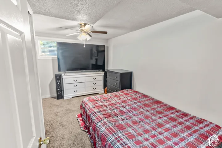 Carpeted room featuring a ceiling fan, window with blinds, and white walls