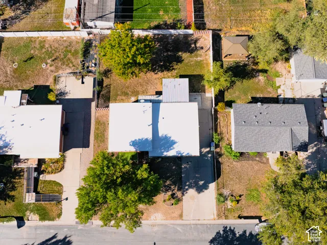 Expansive lot featuring mature trees, a detached storage structure, and paved driveways