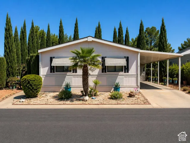 Single-story residence featuring a carport, low-maintenance gravel landscaping, mature palm tree, and exterior window awnings