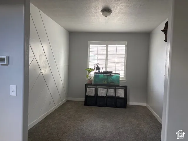 Accent wall with geometric paneling, window with plantation shutters, ceiling-mounted light fixture, and carpeted flooring