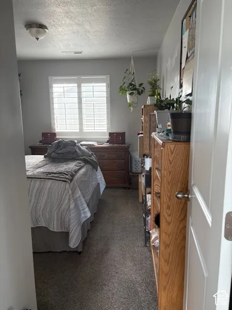 Window with white plantation shutters, flush-mount ceiling light fixture, and textured ceiling