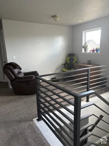 Carpeted loft area featuring a window, ceiling-mounted light fixture, and horizontal metal railings overlooking the staircase