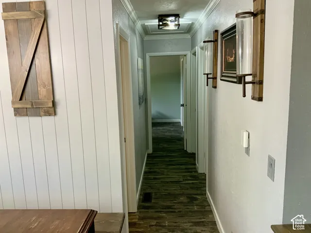 Hallway featuring wood-finish flooring, crown molding, a flush-mount ceiling light, and vertical wall paneling