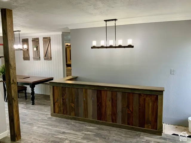 Wood-finish flooring, accent wall with vertical paneling, crown molding, and a built-in wood-finish bar