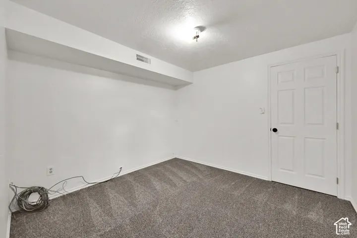 Textured gray carpeting, white walls, and a white six-panel door