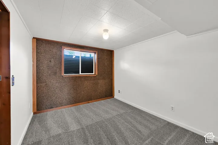 Textured accent wall, window with blinds, light fixture, white walls, and gray carpet