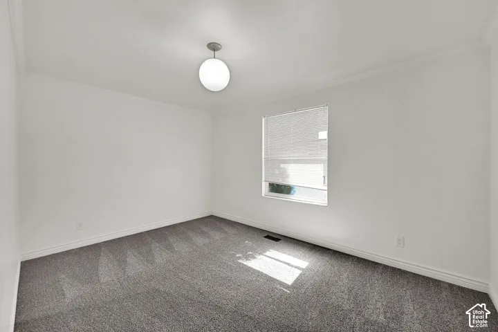 White walls, gray patterned carpet, single window with blinds, overhead globe light fixture, and crown molding