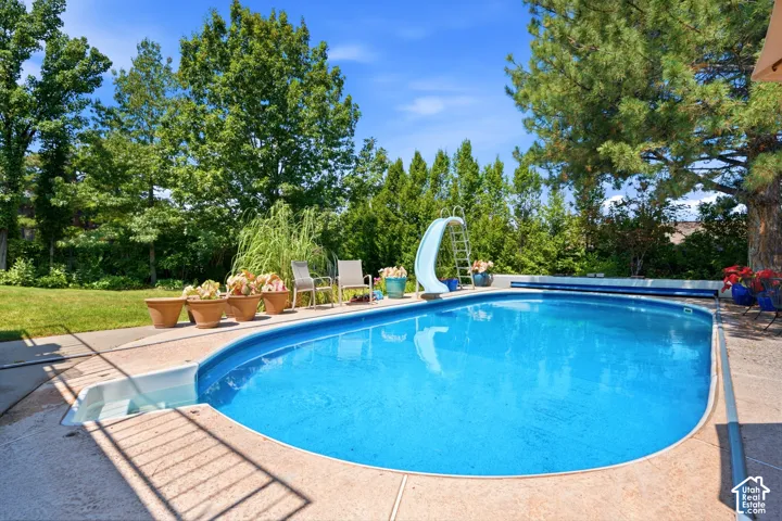 Outdoor swimming pool with integrated steps, surrounded by a concrete pool deck and mature trees