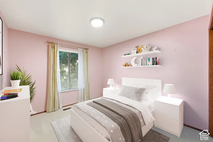 Recessed ceiling lighting, window with blinds and drapes, and two wall-mounted floating shelves