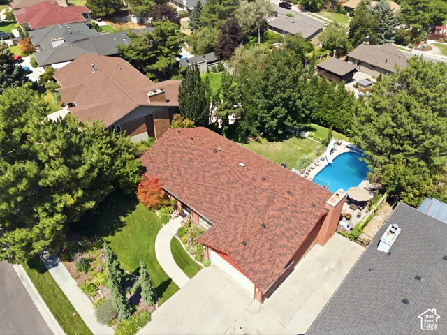 Expansive property with a large driveway, mature trees, and a spacious backyard featuring a swimming pool